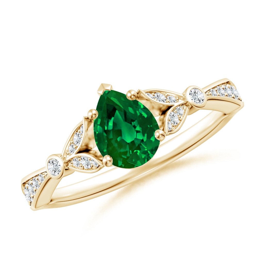 7x5mm Labgrown Lab-Grown Nature-Inspired Pear Emerald Engagement Ring with Leaf Motifs in 18K Yellow Gold