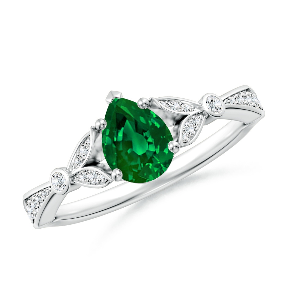 7x5mm Labgrown Lab-Grown Nature-Inspired Pear Emerald Engagement Ring with Leaf Motifs in P950 Platinum 