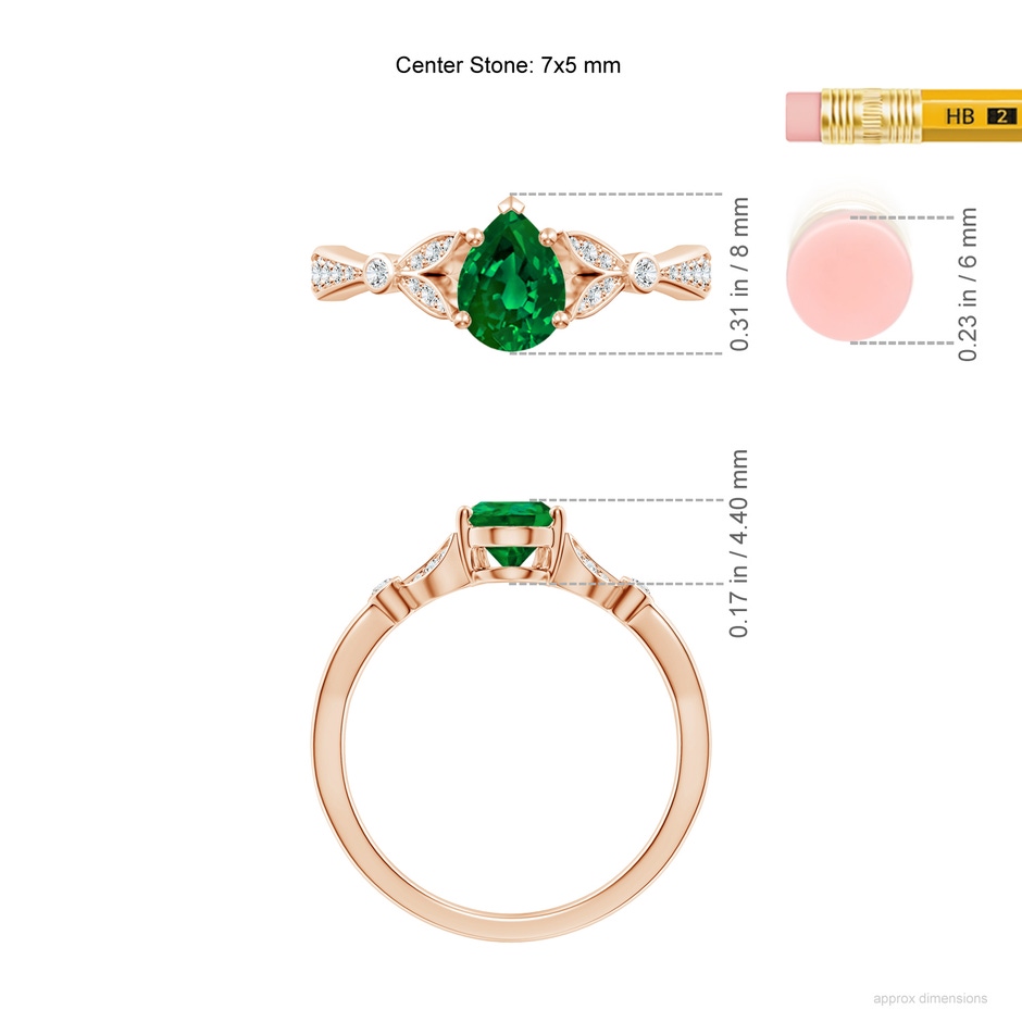 7x5mm Labgrown Lab-Grown Nature-Inspired Pear Emerald Engagement Ring with Leaf Motifs in Rose Gold ruler