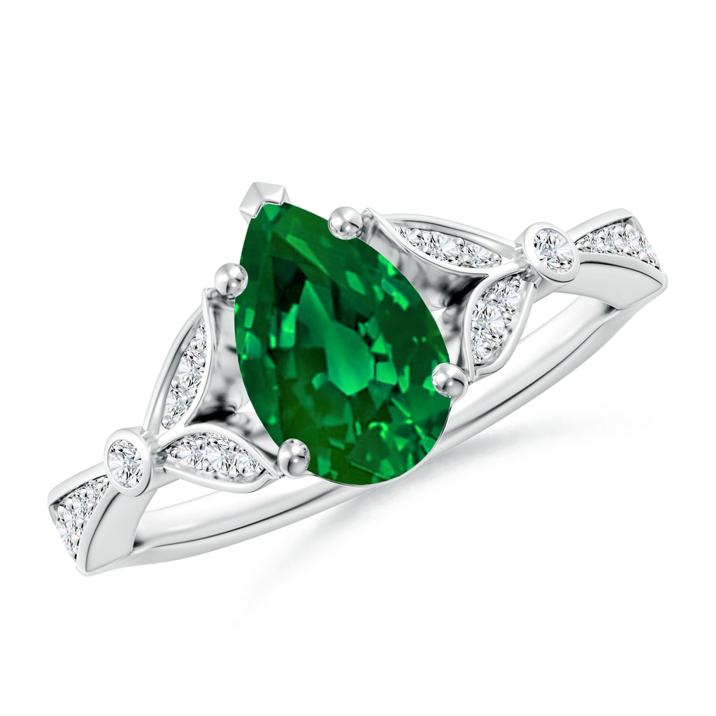 9x7mm Labgrown Lab-Grown Nature-Inspired Pear Emerald Engagement Ring with Leaf Motifs in White Gold