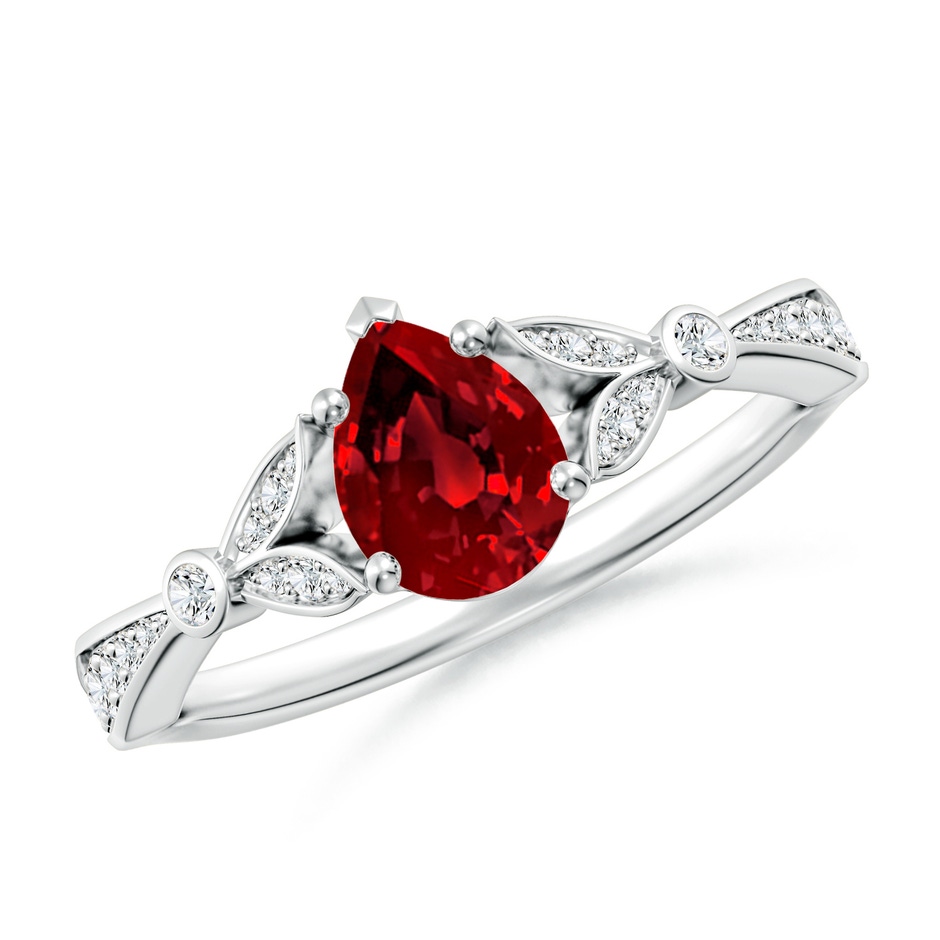 7x5mm Labgrown Lab-Grown Nature-Inspired Pear Ruby Engagement Ring with Leaf Motifs in 18K White Gold 