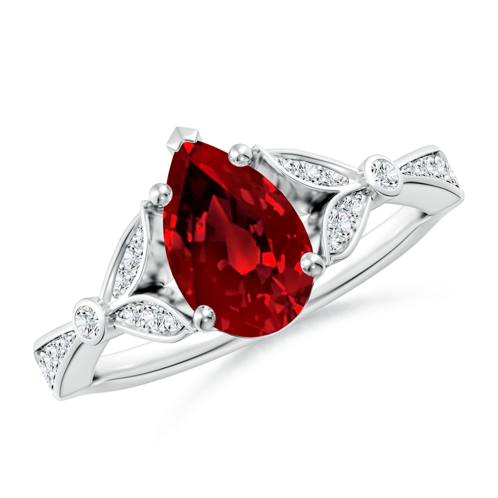 9x7mm Labgrown Lab-Grown Nature-Inspired Pear Ruby Engagement Ring with Leaf Motifs in White Gold