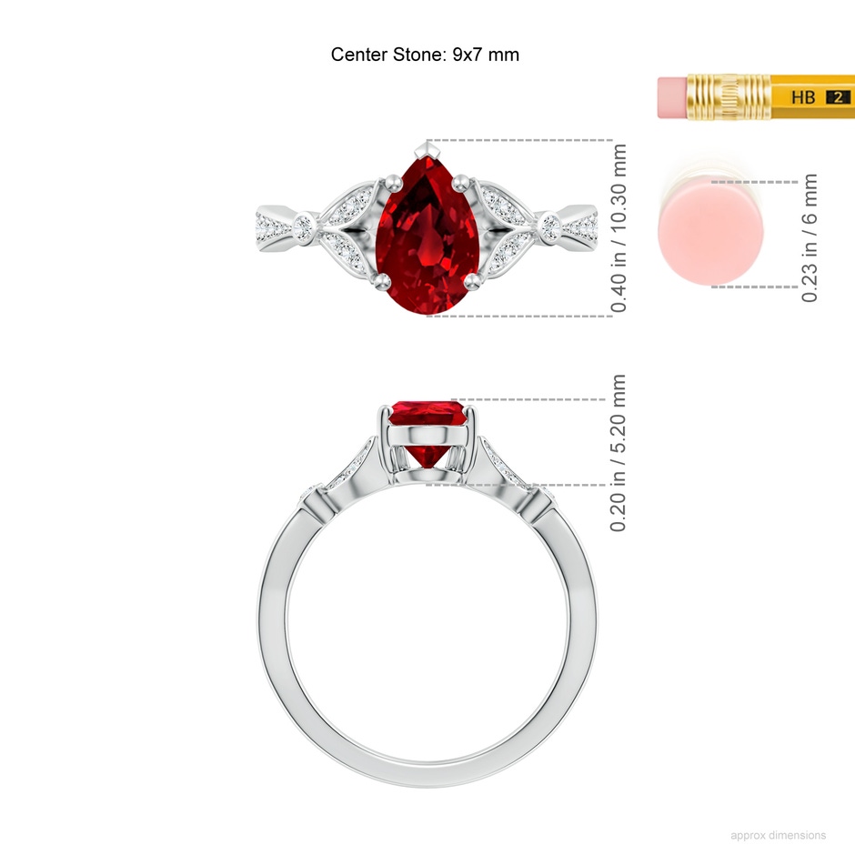 9x7mm Labgrown Lab-Grown Nature-Inspired Pear Ruby Engagement Ring with Leaf Motifs in White Gold ruler