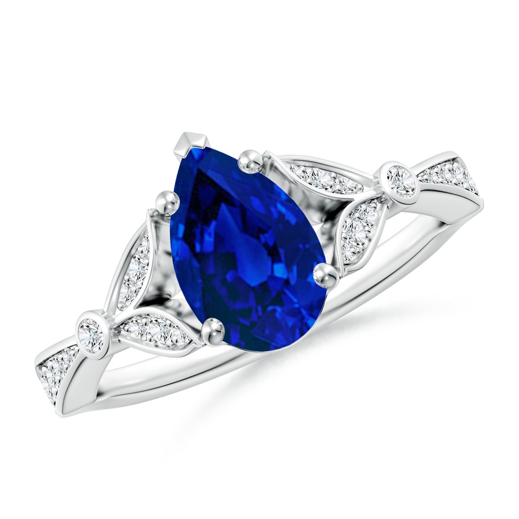 9x7mm Labgrown Lab-Grown Nature-Inspired Pear Blue Sapphire Engagement Ring with Leaf Motifs in White Gold