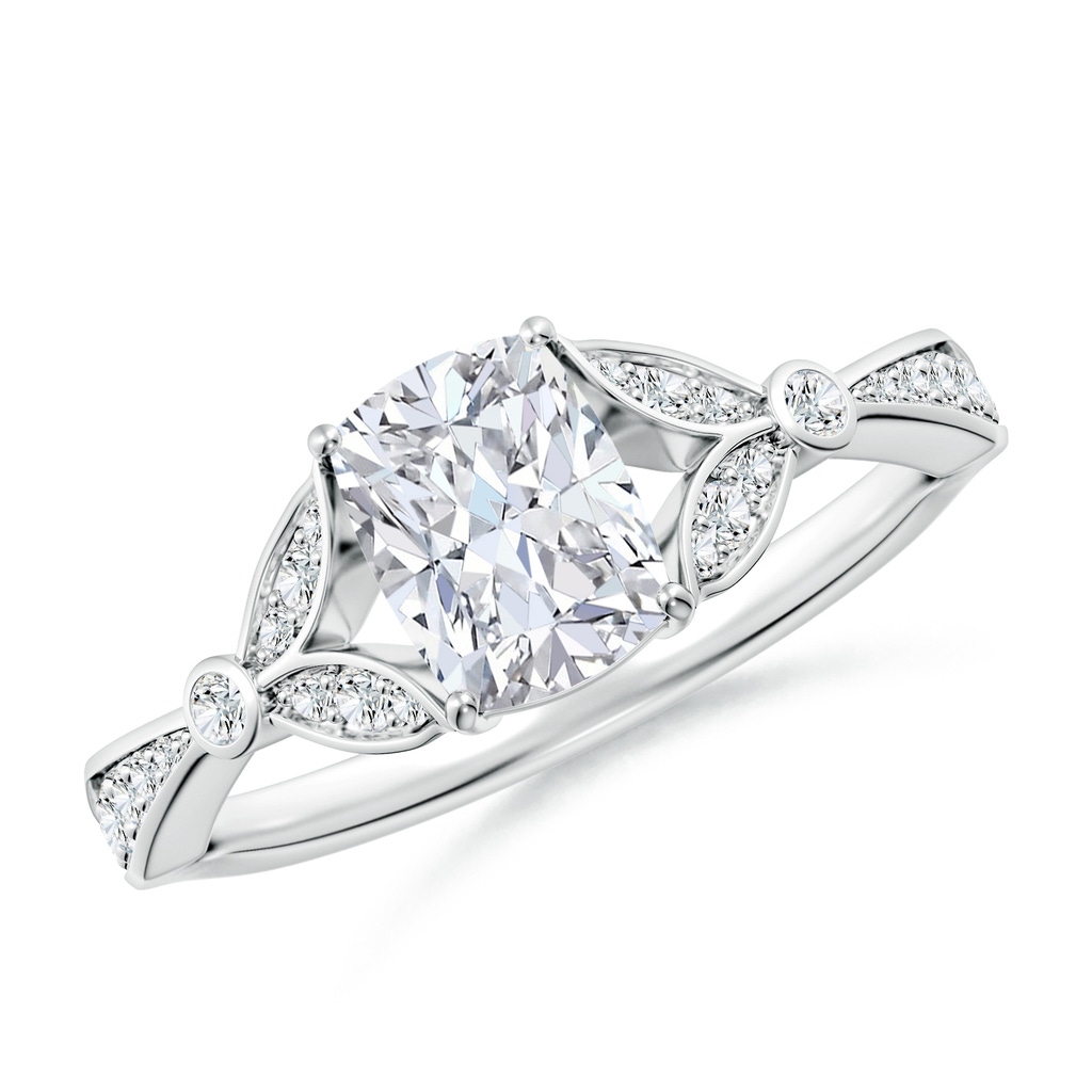 7x5mm FGVS Lab-Grown Nature-Inspired Cushion Rectangular Diamond Engagement Ring with Leaf Motifs in 18K White Gold