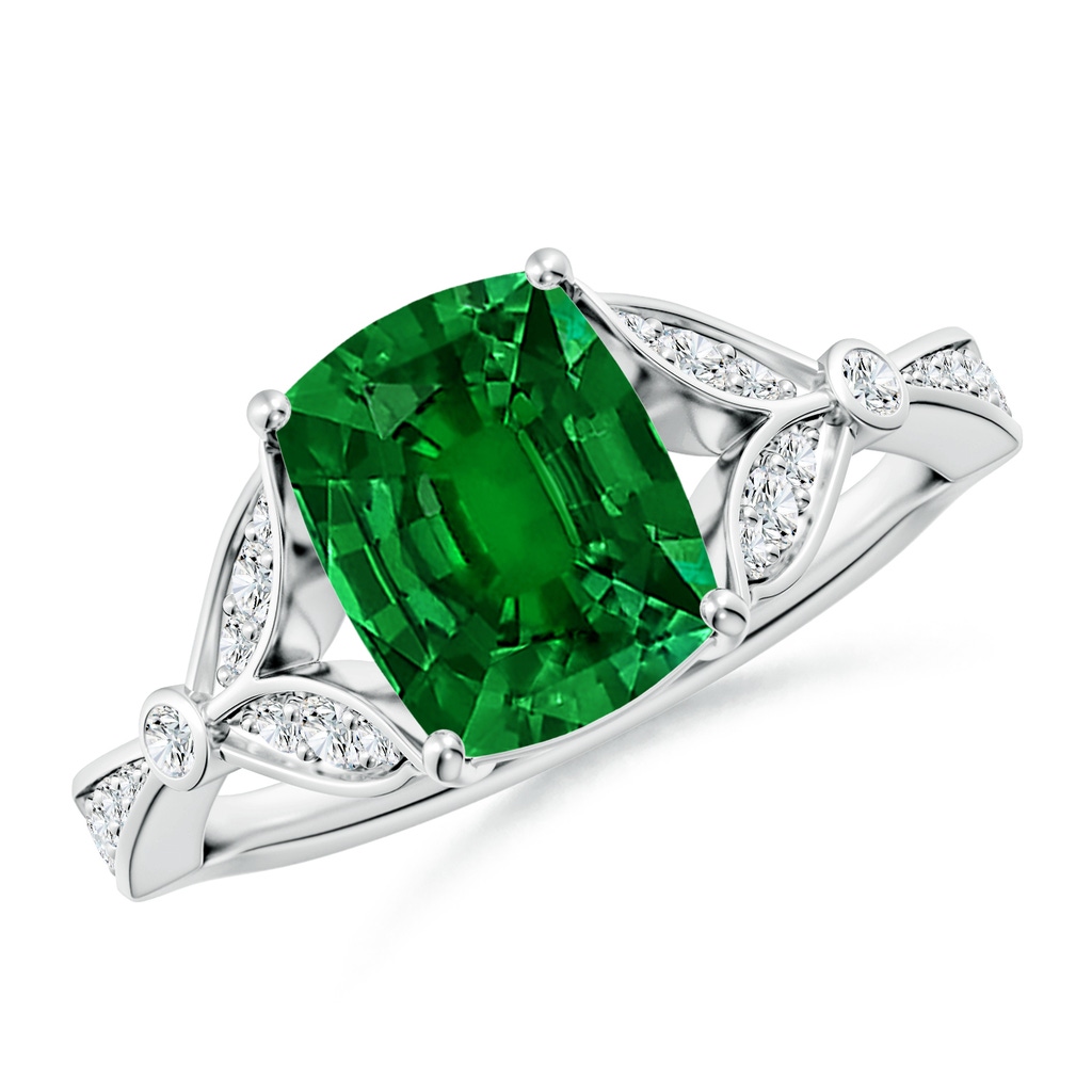 9x7mm Labgrown Lab-Grown Nature-Inspired Cushion Recatngular Emerald Engagement Ring with Leaf Motifs in White Gold