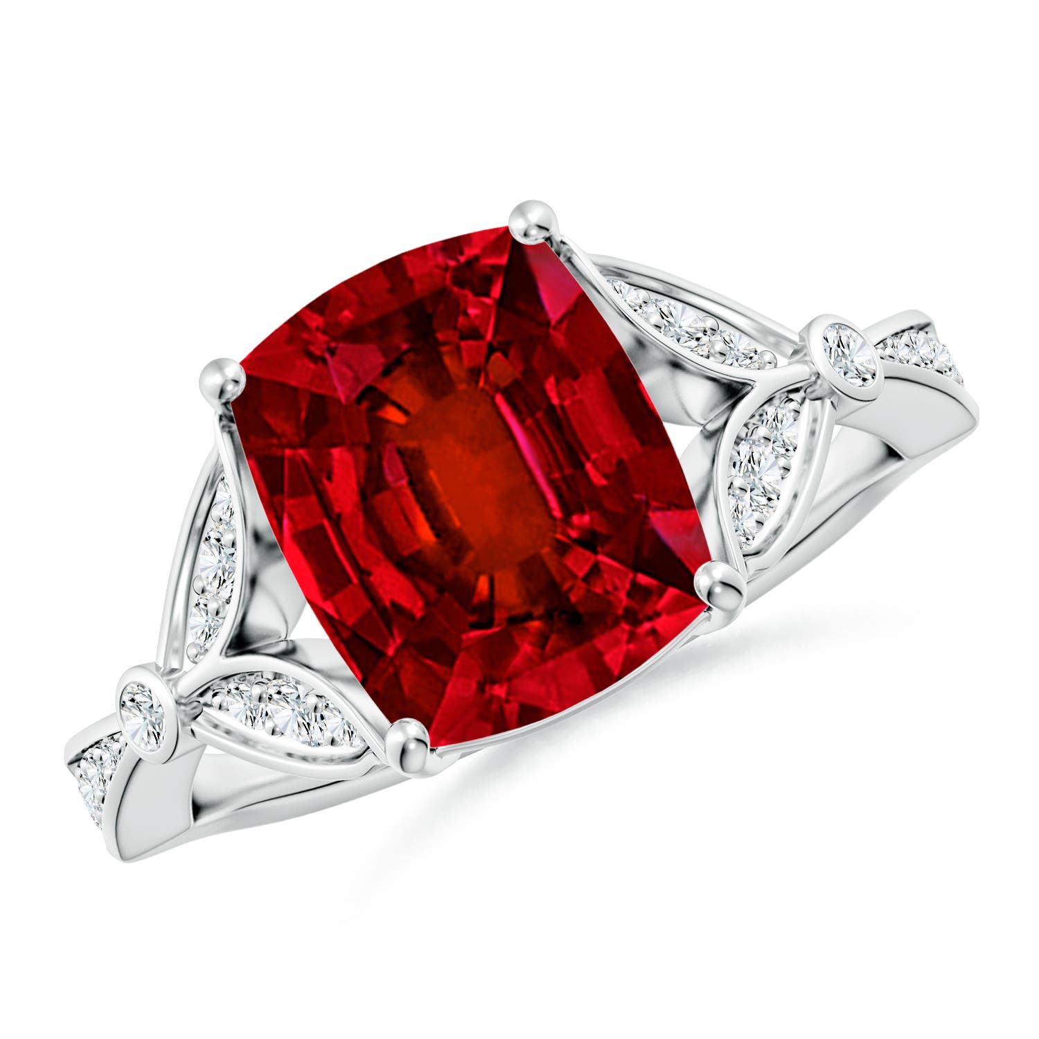 10x8mm Labgrown Lab-Grown Nature-Inspired Cushion Rectangular Ruby Engagement Ring with Leaf Motifs in 18K White Gold