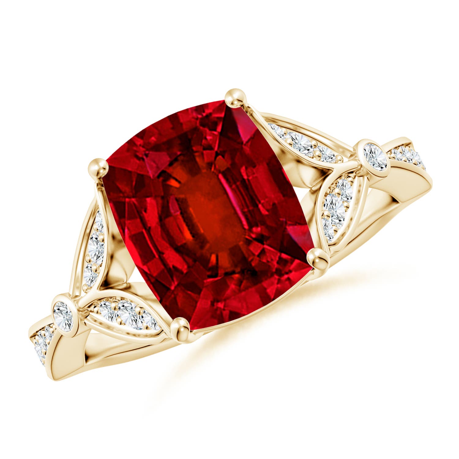 10x8mm Labgrown Lab-Grown Nature-Inspired Cushion Rectangular Ruby Engagement Ring with Leaf Motifs in 18K Yellow Gold