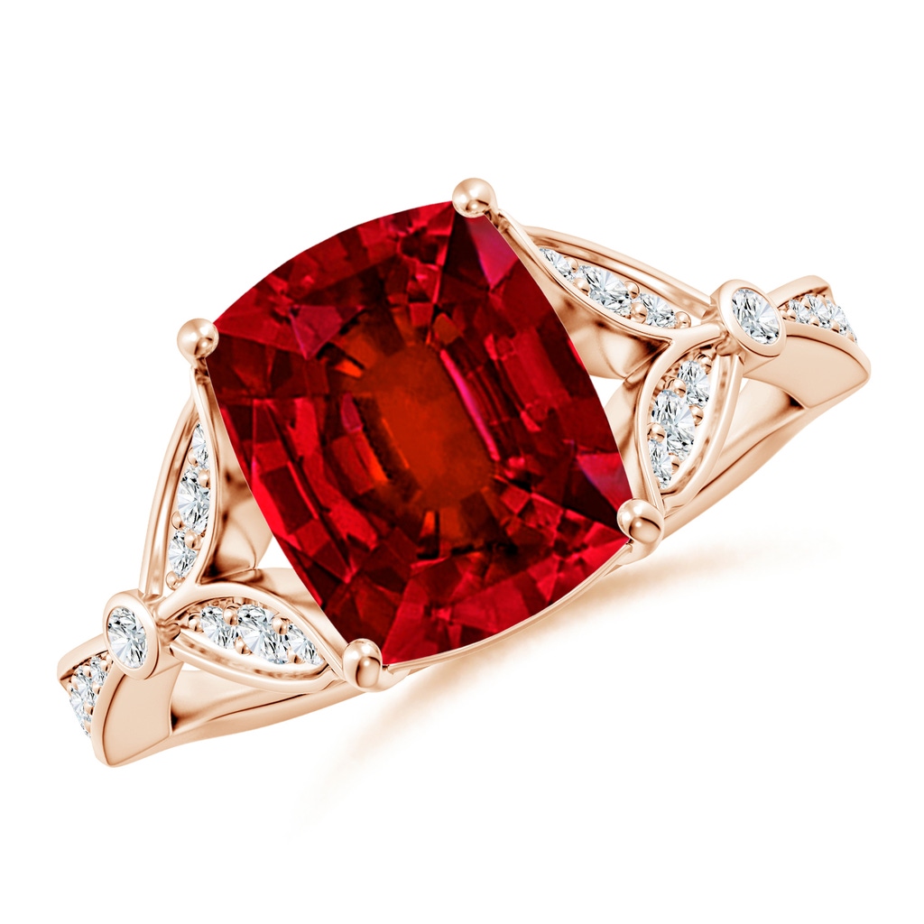 10x8mm Labgrown Lab-Grown Nature-Inspired Cushion Rectangular Ruby Engagement Ring with Leaf Motifs in Rose Gold