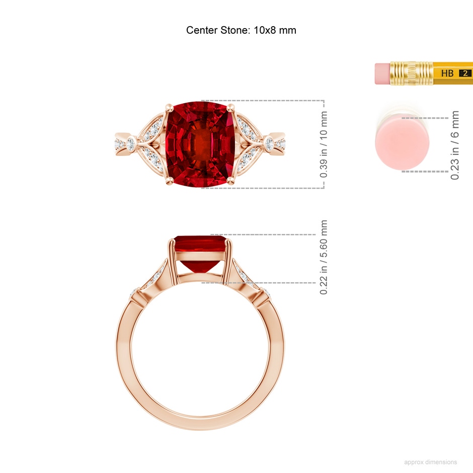 10x8mm Labgrown Lab-Grown Nature-Inspired Cushion Rectangular Ruby Engagement Ring with Leaf Motifs in Rose Gold ruler