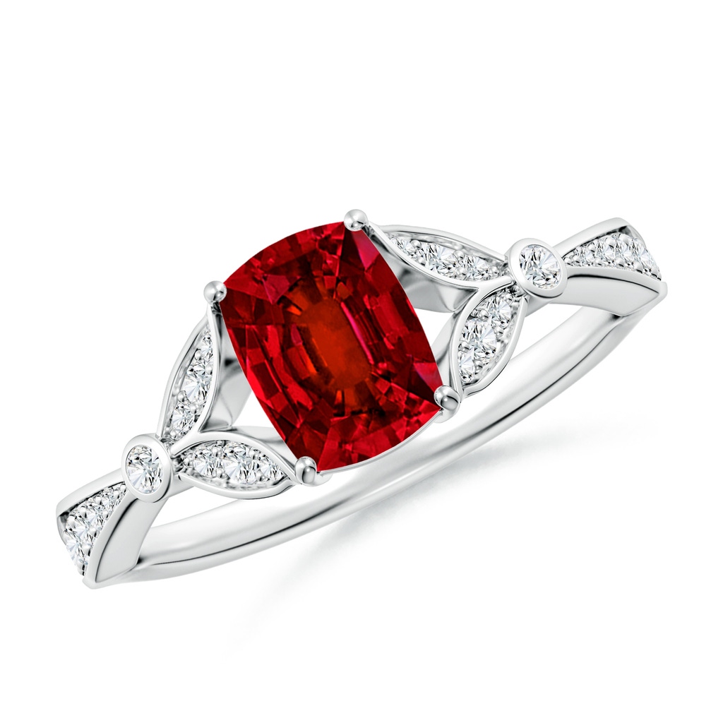 7x5mm Labgrown Lab-Grown Nature-Inspired Cushion Rectangular Ruby Engagement Ring with Leaf Motifs in 18K White Gold