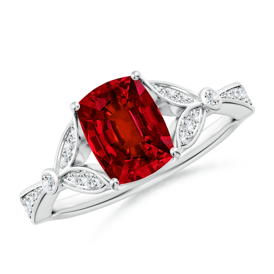 8x6mm Labgrown Lab-Grown Nature-Inspired Cushion Rectangular Ruby Engagement Ring with Leaf Motifs in P950 Platinum 