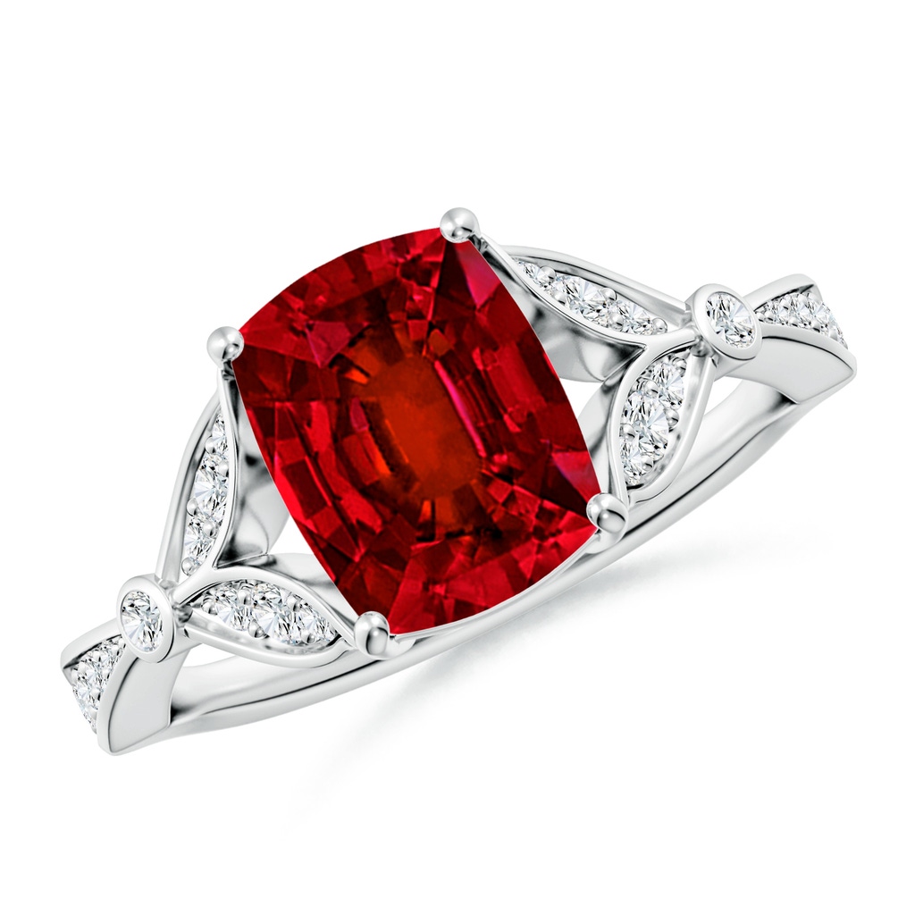 9x7mm Labgrown Lab-Grown Nature-Inspired Cushion Recatngular Ruby Engagement Ring with Leaf Motifs in White Gold