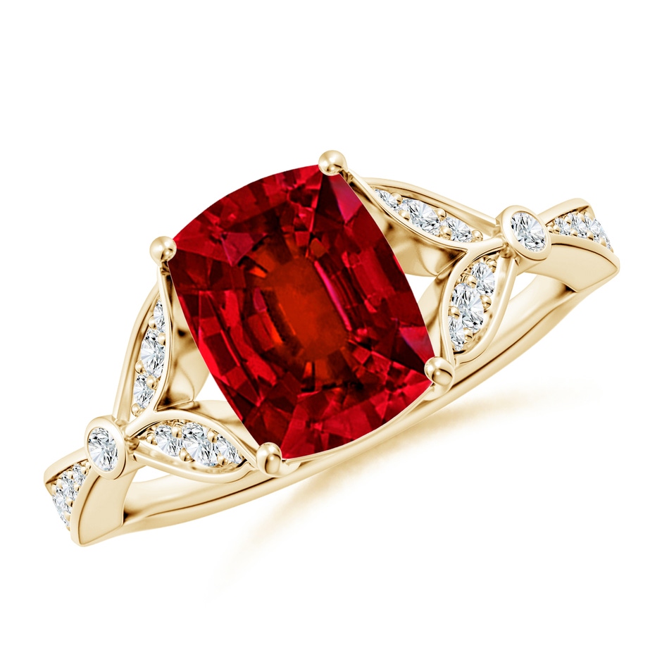 9x7mm Labgrown Lab-Grown Nature-Inspired Cushion Rectangular Ruby Engagement Ring with Leaf Motifs in Yellow Gold 