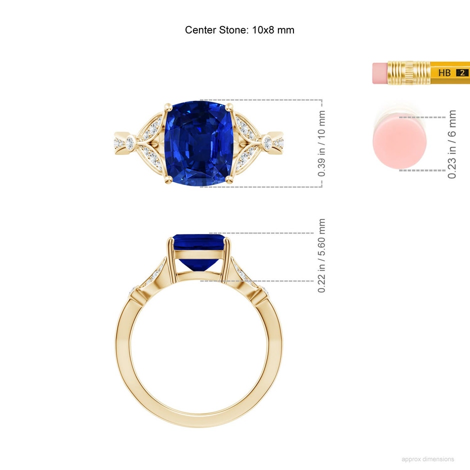 10x8mm Labgrown Lab-Grown Nature-Inspired Cushion Rectangular Blue Sapphire Engagement Ring with Leaf Motifs in Yellow Gold ruler