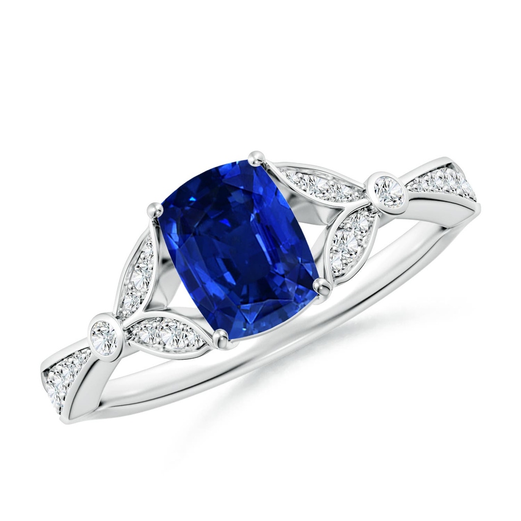 7x5mm Labgrown Lab-Grown Nature-Inspired Cushion Rectangular Blue Sapphire Engagement Ring with Leaf Motifs in 18K White Gold