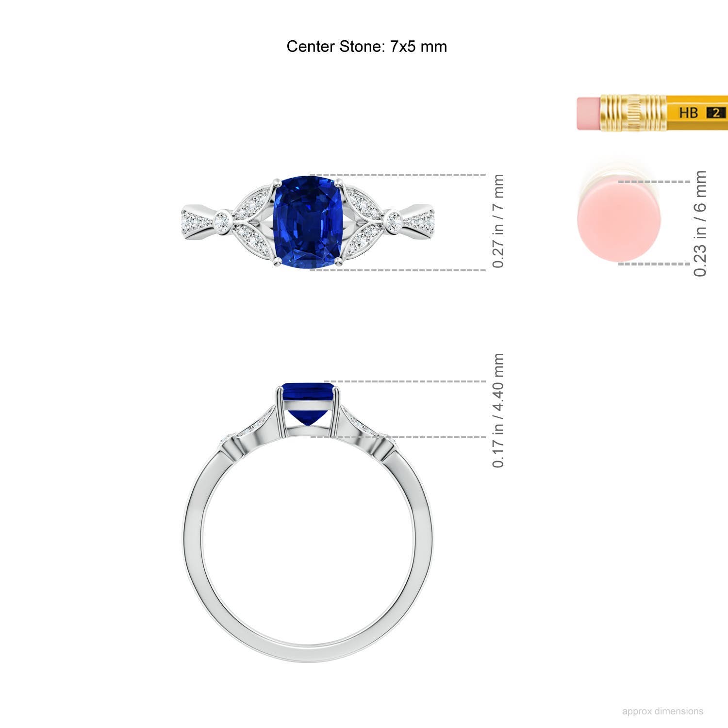 7x5mm Labgrown Lab-Grown Nature-Inspired Cushion Rectangular Blue Sapphire Engagement Ring with Leaf Motifs in 18CT White Gold - ruler