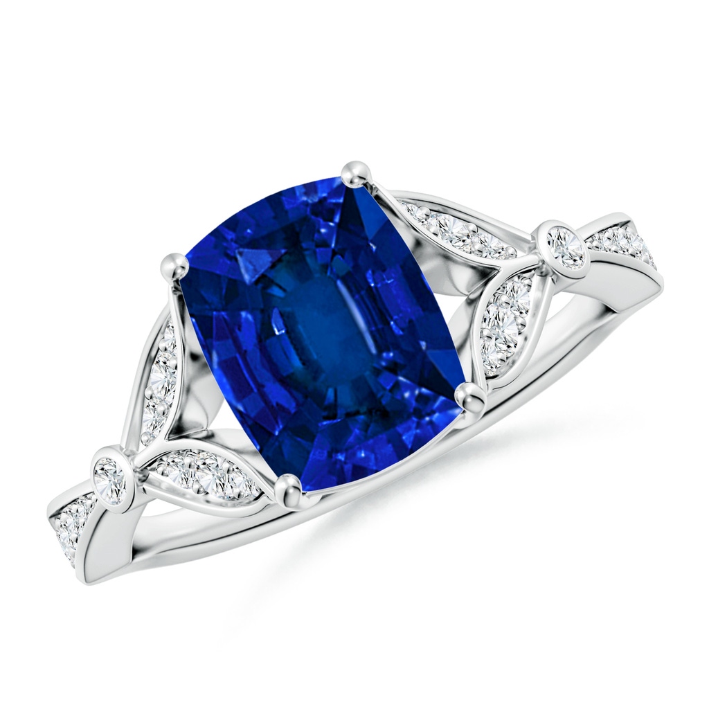 9x7mm Labgrown Lab-Grown Nature-Inspired Emerald-Cut Blue Sapphire Engagement Ring with Leaf Motifs in White Gold