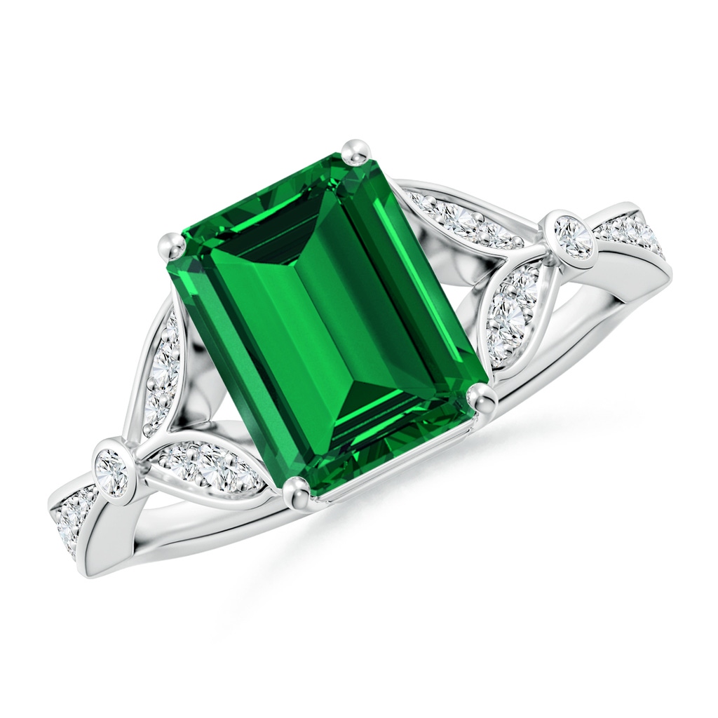 9x7mm Labgrown Lab-Grown Nature-Inspired Cushion Rectangular Emerald Engagement Ring with Leaf Motifs in White Gold