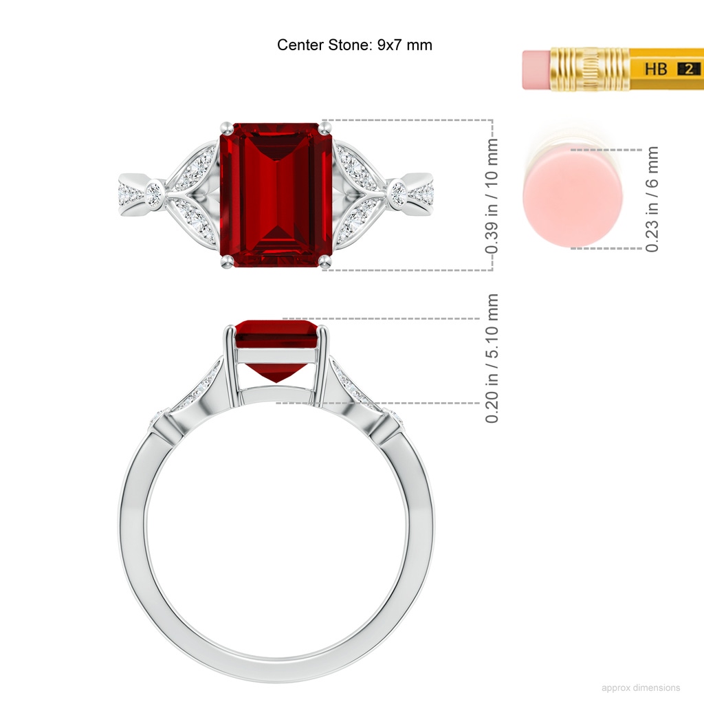 9x7mm Labgrown Lab-Grown Nature-Inspired Cushion Rectangular Ruby Engagement Ring with Leaf Motifs in White Gold ruler