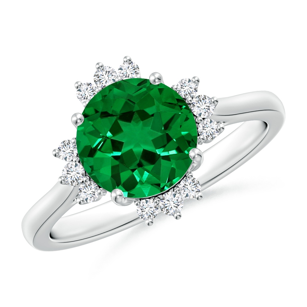 8mm Labgrown Lab-Grown Prong-Set Round Emerald Halo Engagement Ring in 18K White Gold