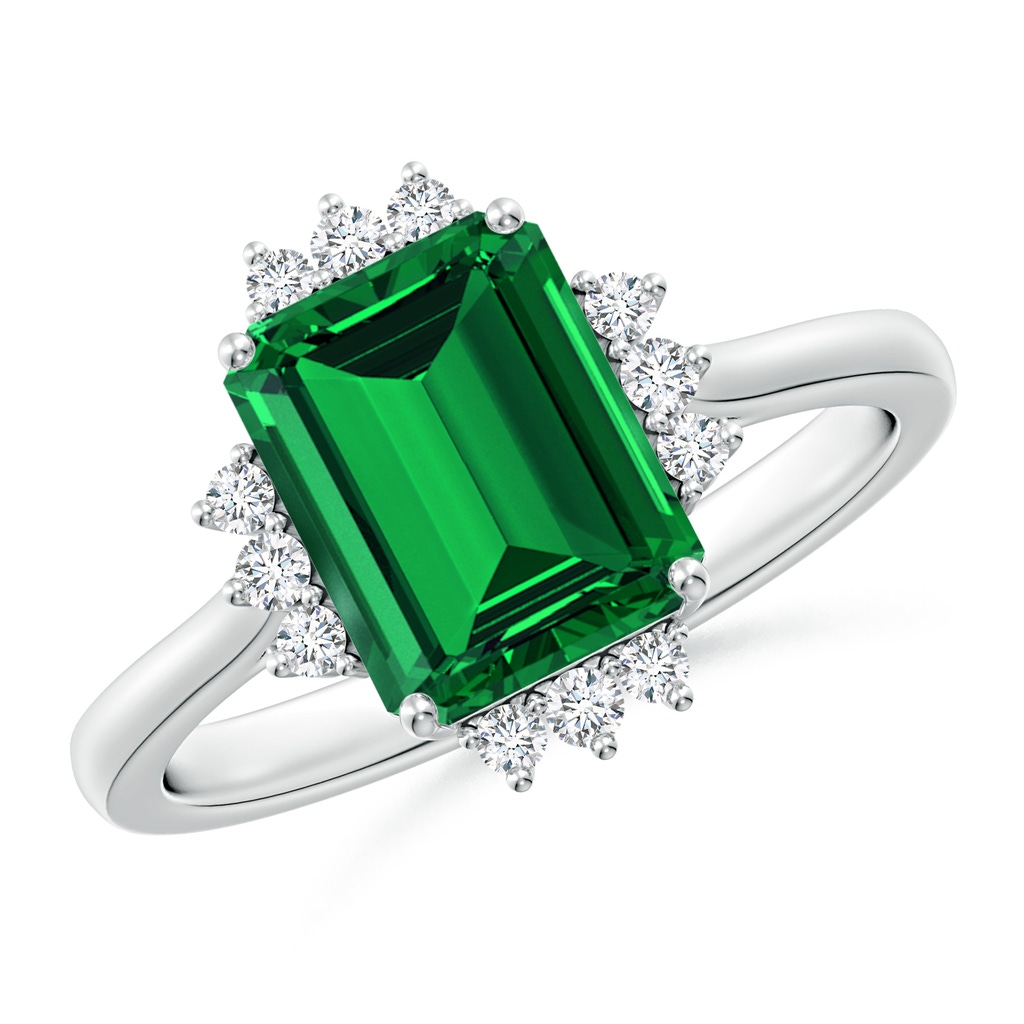9x7mm Labgrown Lab-Grown Prong-Set Emerald-Cut Emerald Halo Engagement Ring in White Gold
