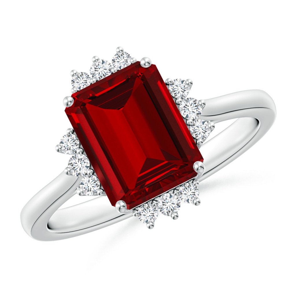 9x7mm Labgrown Lab-Grown Prong-Set Emerald-Cut Ruby Halo Engagement Ring in White Gold
