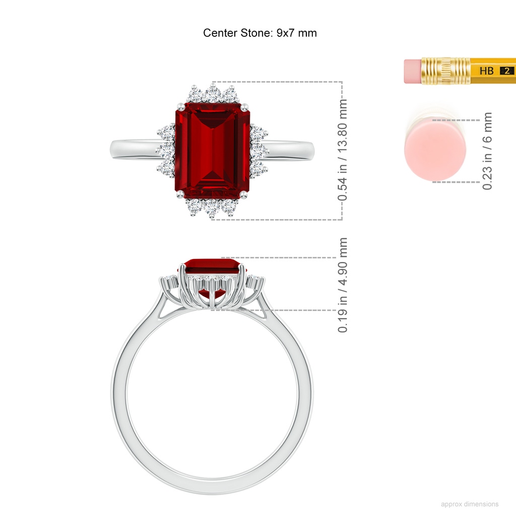 9x7mm Labgrown Lab-Grown Prong-Set Emerald-Cut Ruby Halo Engagement Ring in White Gold ruler