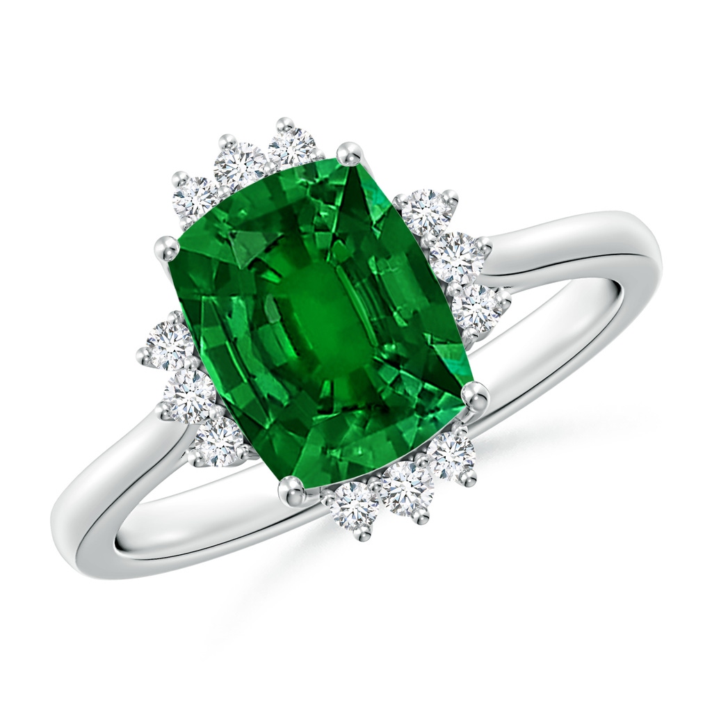 9x7mm Labgrown Lab-Grown Prong-Set Cushion Rectangular Emerald Halo Engagement Ring in 18K White Gold