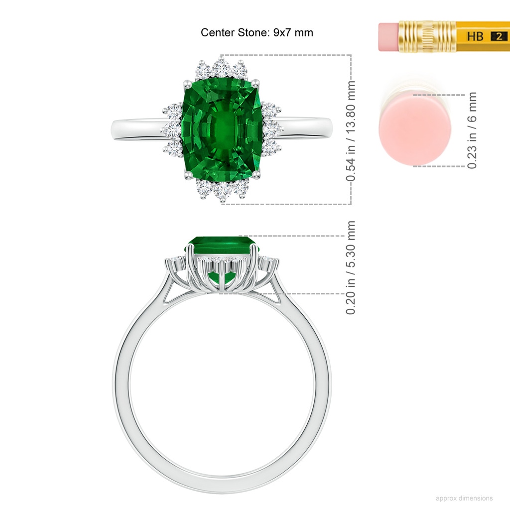 9x7mm Labgrown Lab-Grown Prong-Set Cushion Rectangular Emerald Halo Engagement Ring in White Gold ruler