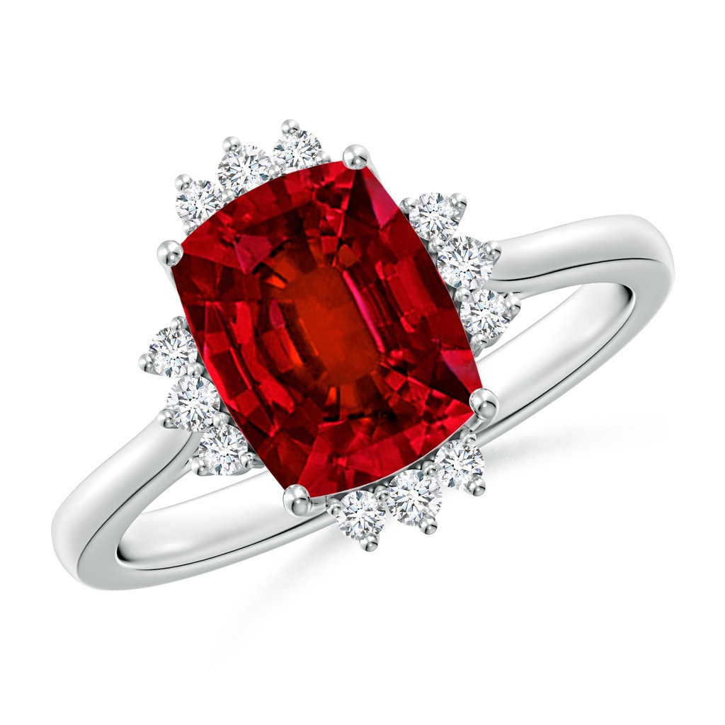 9x7mm Labgrown Lab-Grown Prong-Set Cushion Rectangular Ruby Halo Engagement Ring in White Gold