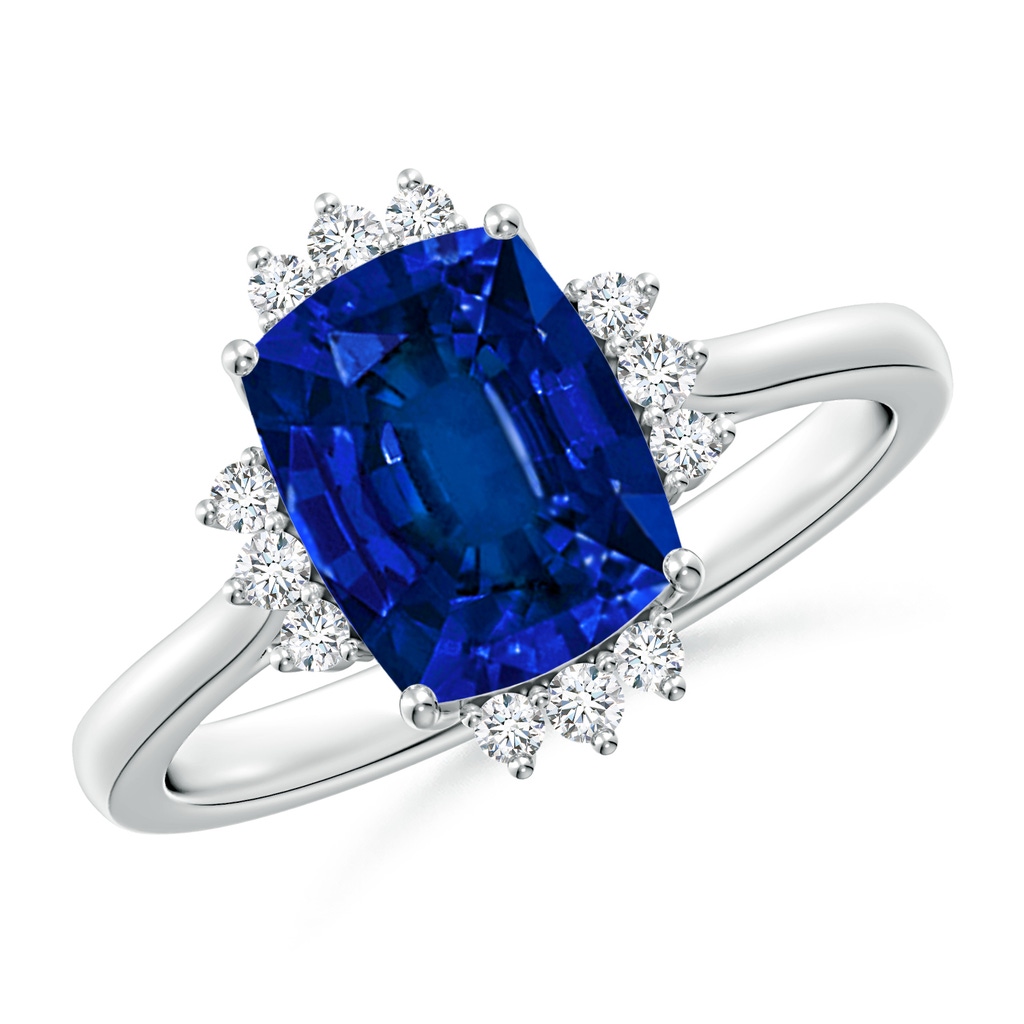 9x7mm Labgrown Lab-Grown Prong-Set Cushion Rectangular Blue Sapphire Halo Engagement Ring in White Gold