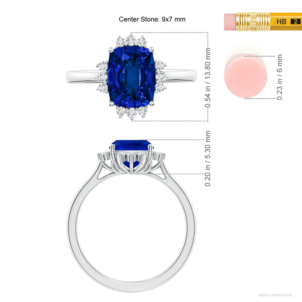 9x7mm Labgrown Lab-Grown Prong-Set Cushion Rectangular Blue Sapphire Halo Engagement Ring in White Gold ruler