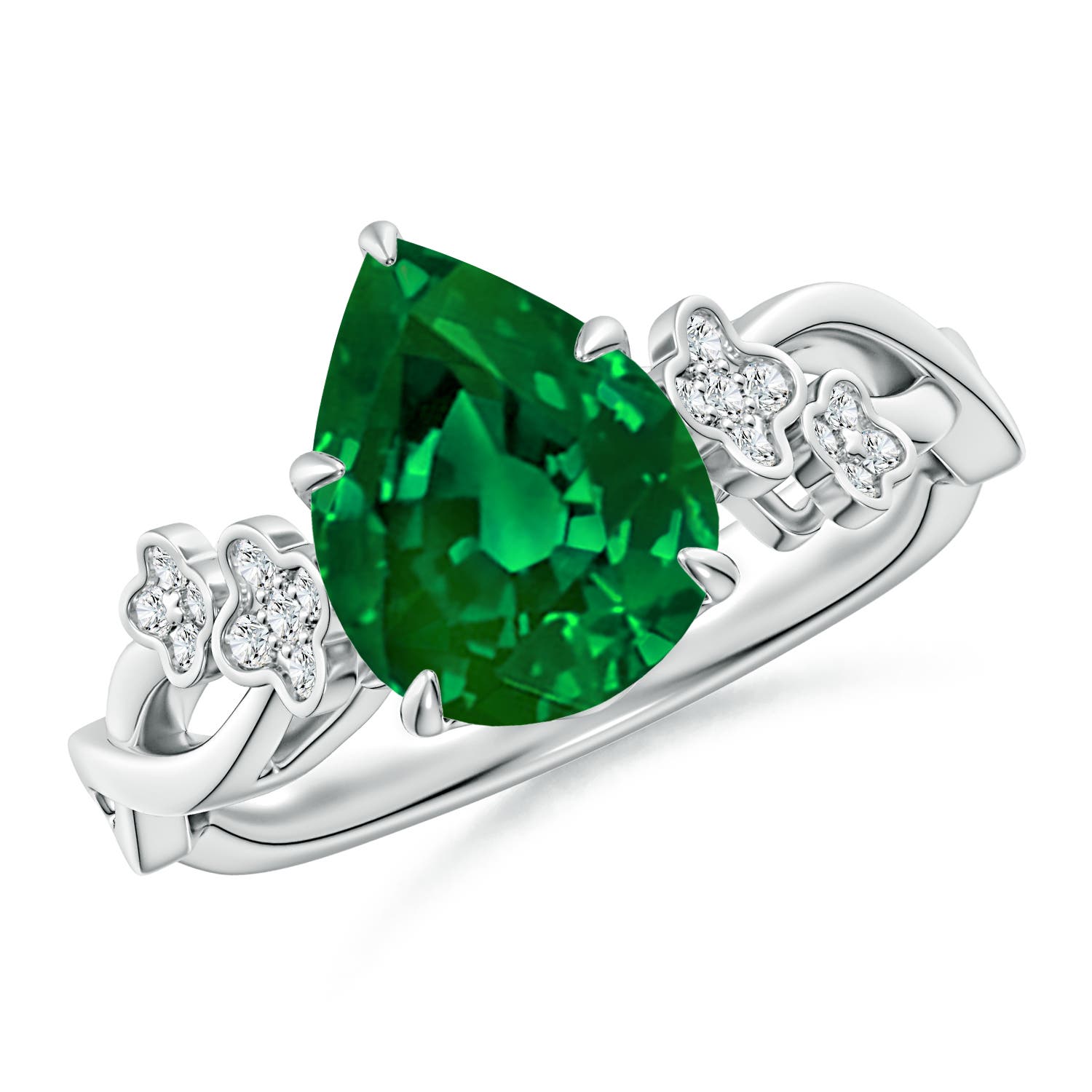10x8mm Labgrown Lab-Grown Nature-Inspired Pear Emerald Floral Engagement Ring in 18CT White Gold