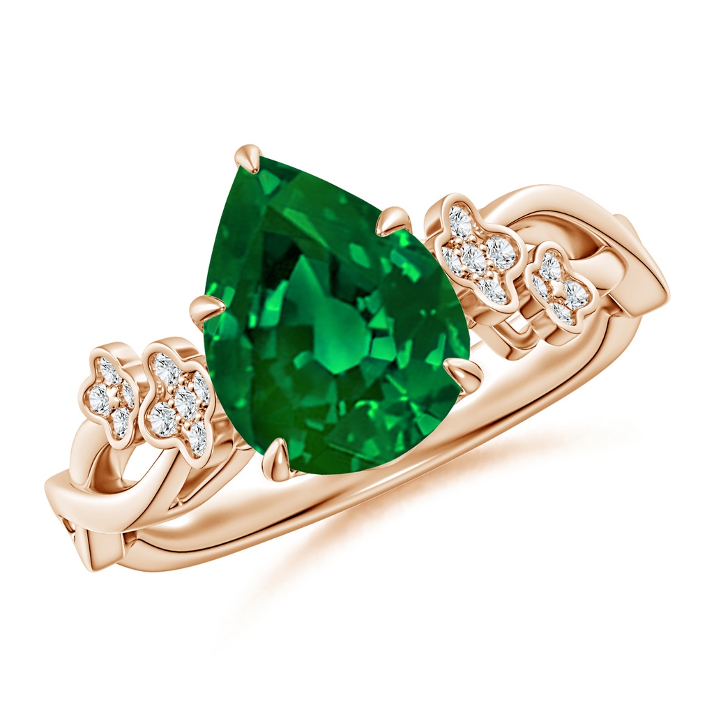 10x8mm Labgrown Lab-Grown Nature-Inspired Pear Emerald Floral Engagement Ring in Rose Gold