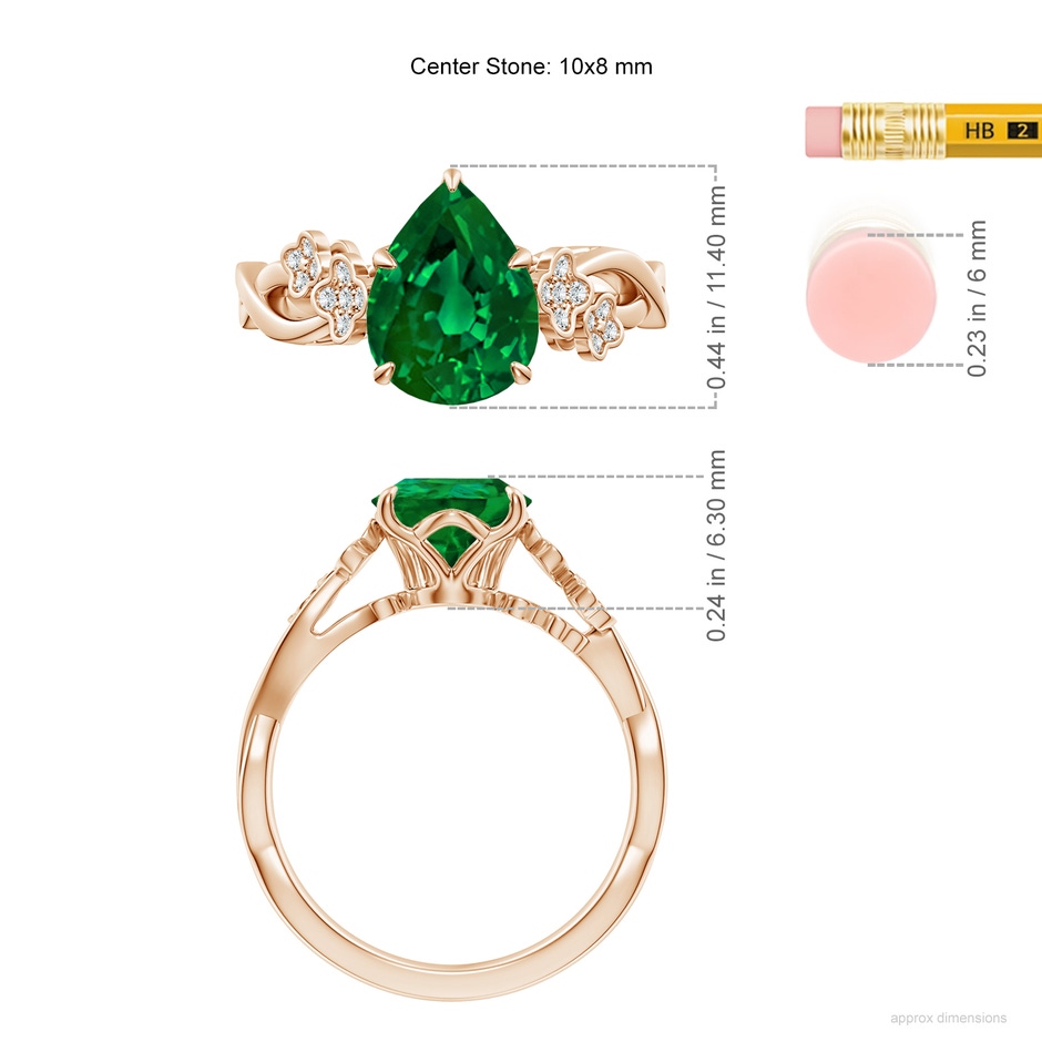 10x8mm Labgrown Lab-Grown Nature-Inspired Pear Emerald Floral Engagement Ring in Rose Gold ruler