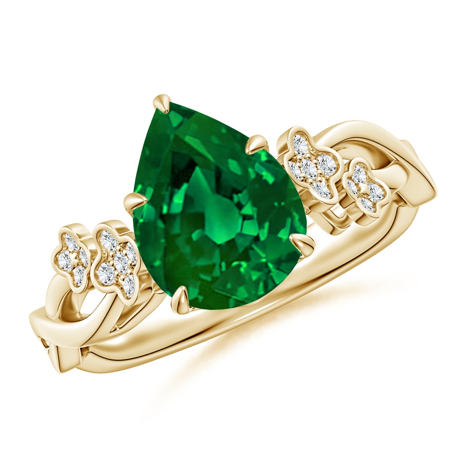10x8mm Labgrown Lab-Grown Nature-Inspired Pear Emerald Floral Engagement Ring in Yellow Gold 
