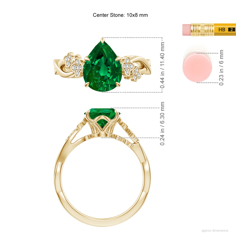 10x8mm Labgrown Lab-Grown Nature-Inspired Pear Emerald Floral Engagement Ring in Yellow Gold ruler