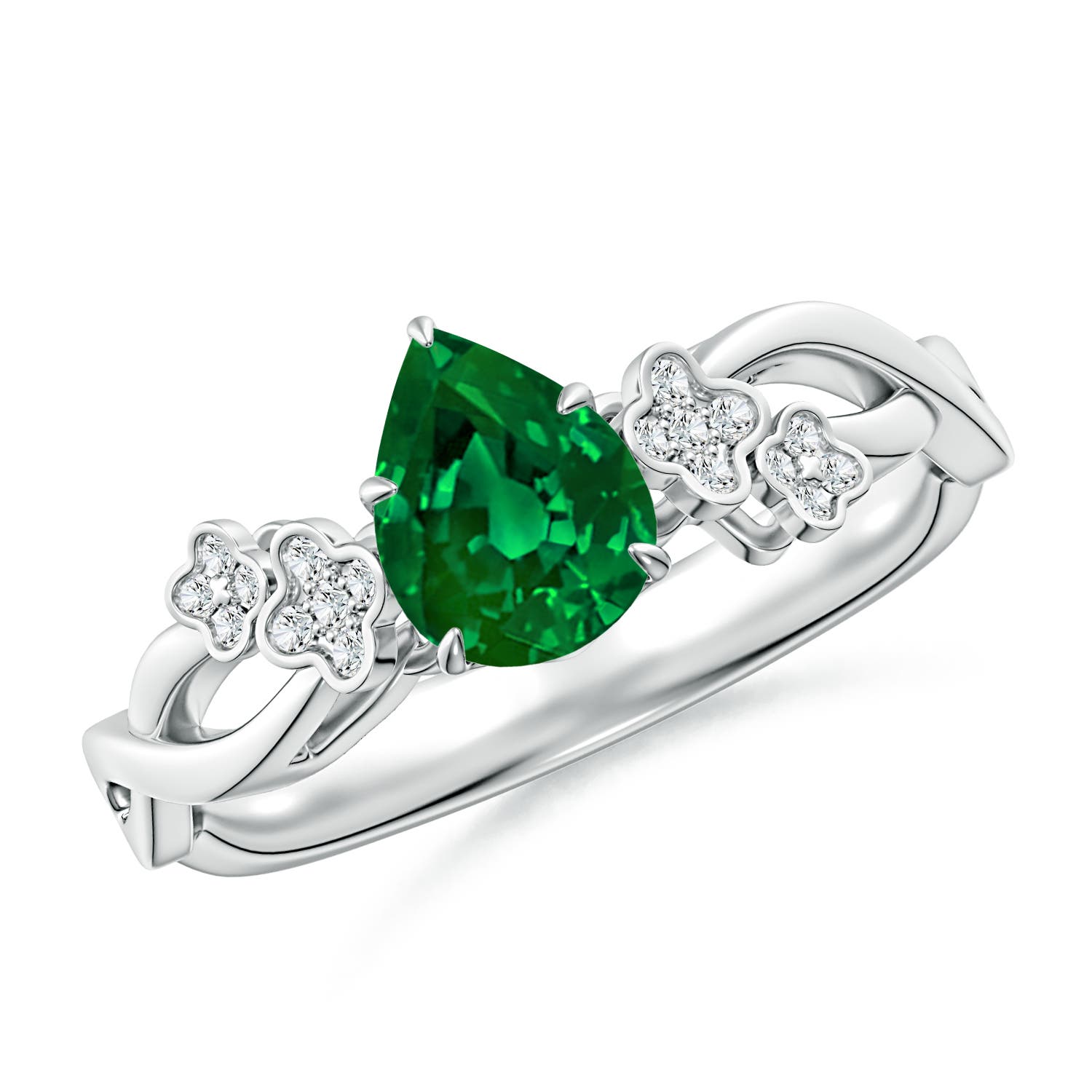 7x5mm Labgrown Lab-Grown Nature-Inspired Pear Emerald Floral Engagement Ring in White Gold