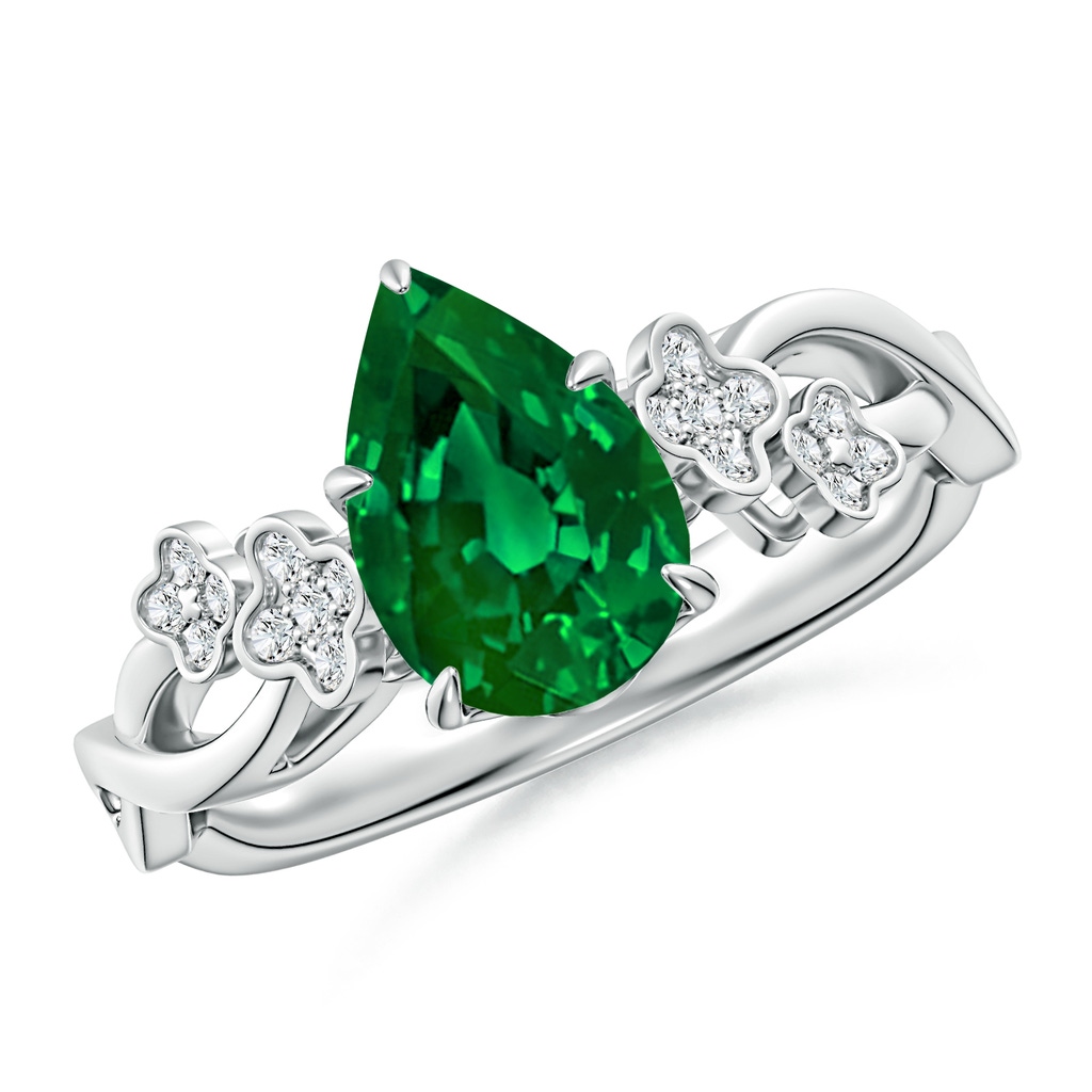 9x7mm Labgrown Lab-Grown Nature-Inspired Pear Emerald Floral Engagement Ring in White Gold