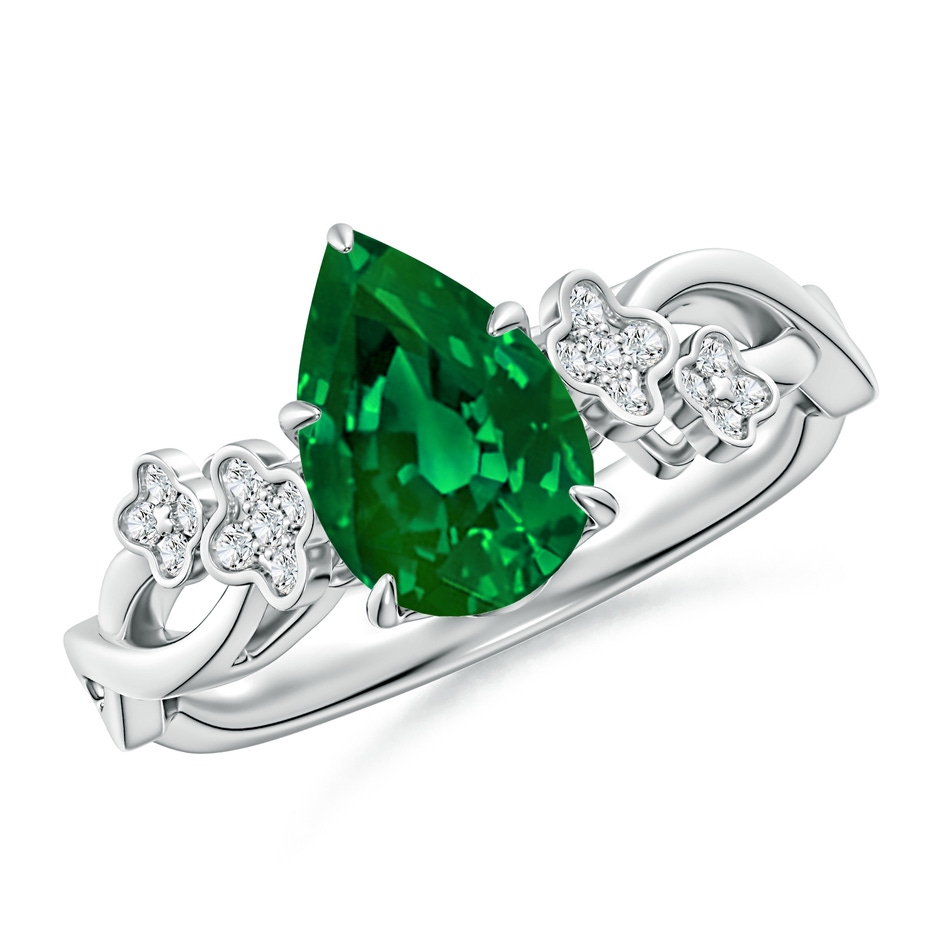 9x7mm Labgrown Lab-Grown Nature-Inspired Pear Emerald Floral Engagement Ring in White Gold 