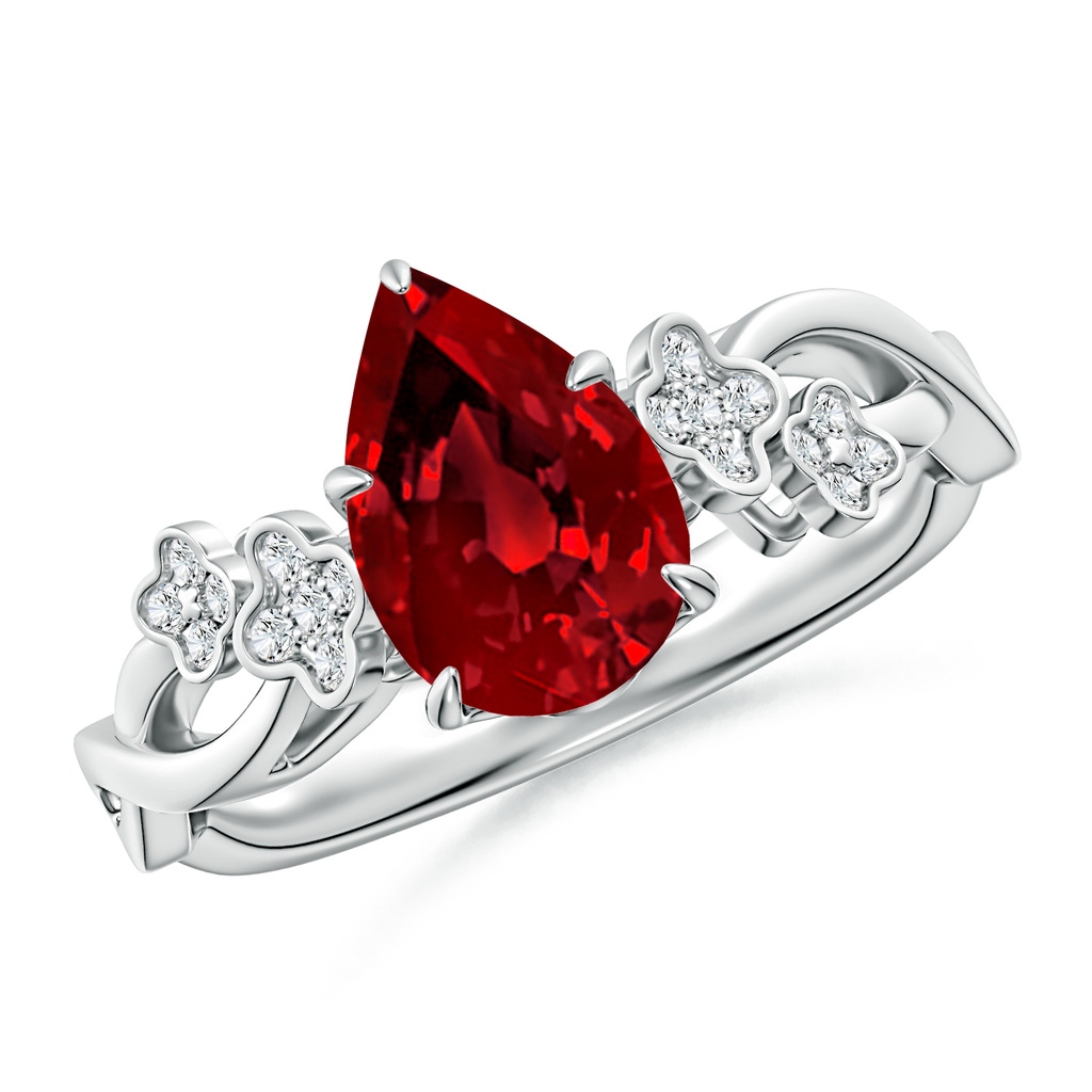 9x7mm Labgrown Lab-Grown Nature-Inspired Pear Ruby Floral Engagement Ring in White Gold