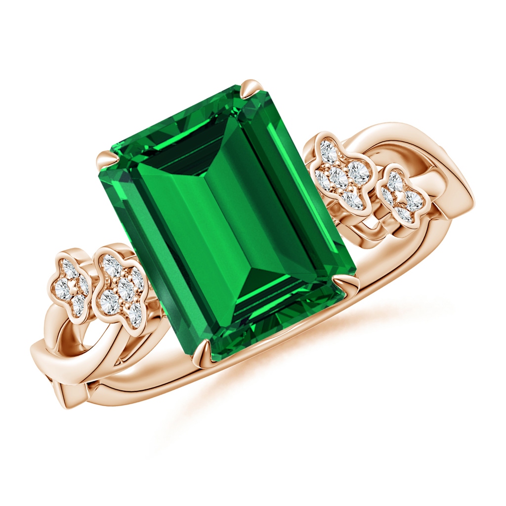 10x8mm Labgrown Lab-Grown Nature-Inspired Emerald-Cut Emerald Floral Engagement Ring in Rose Gold