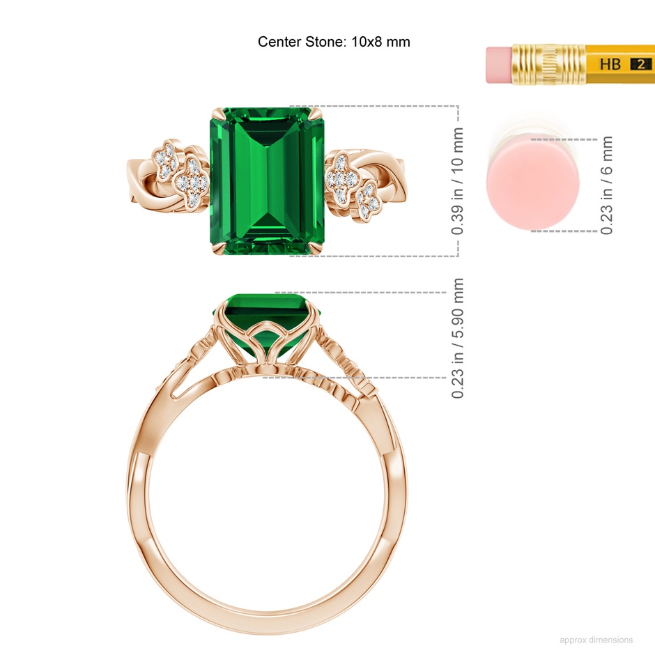 10x8mm Labgrown Lab-Grown Nature-Inspired Emerald-Cut Emerald Floral Engagement Ring in Rose Gold ruler