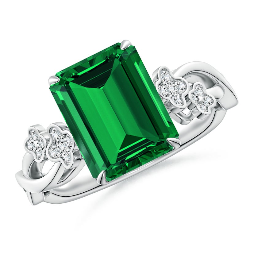 Lab-Grown Nature-Inspired Emerald-Cut Emerald Floral Engagement Ring