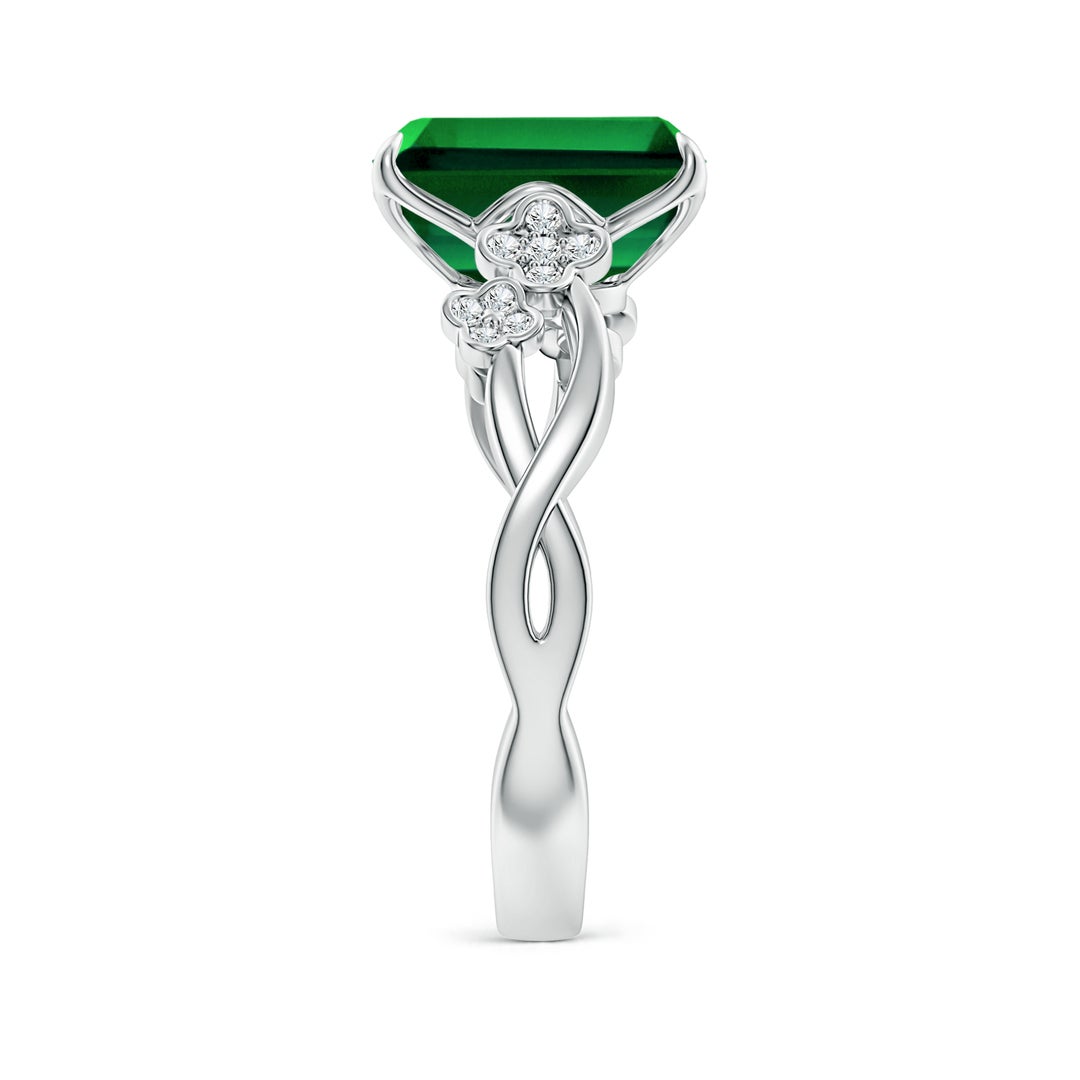 10x8mm Labgrown Lab-Grown Nature-Inspired Emerald-Cut Emerald Floral Engagement Ring in White Gold - side 3