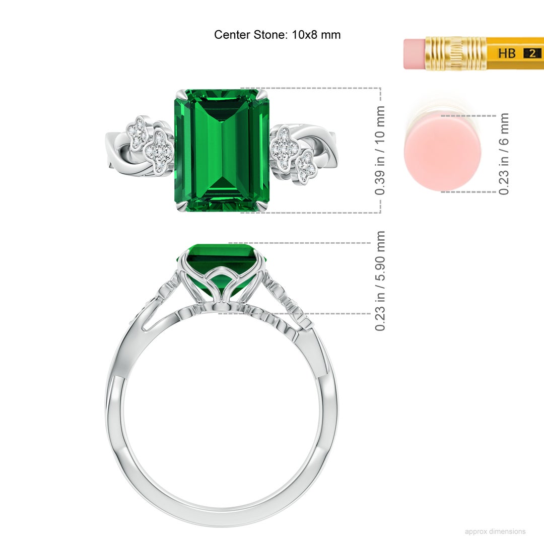 10x8mm Labgrown Lab-Grown Nature-Inspired Emerald-Cut Emerald Floral Engagement Ring in White Gold - ruler
