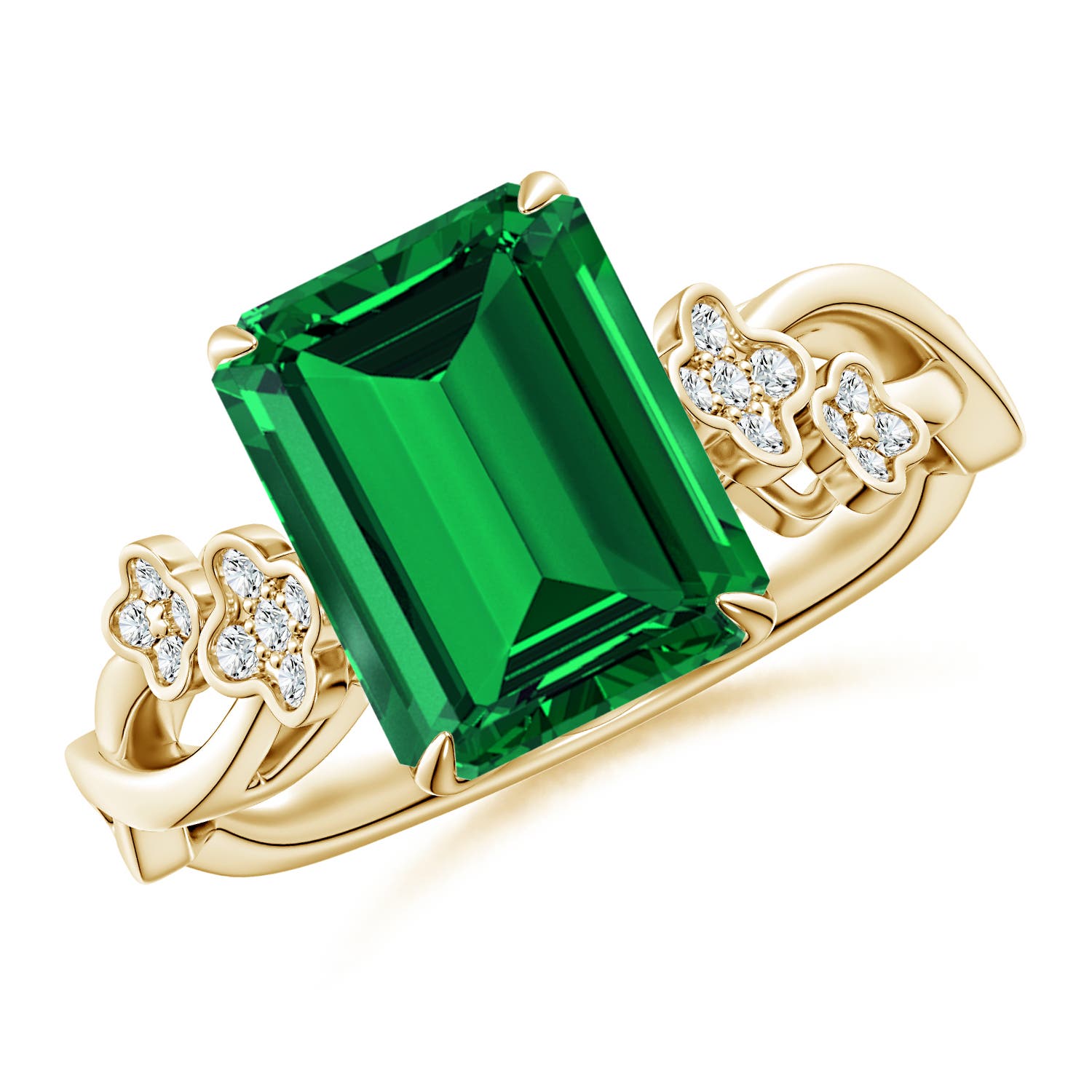 10x8mm Labgrown Lab-Grown Nature-Inspired Emerald-Cut Emerald Floral Engagement Ring in Yellow Gold