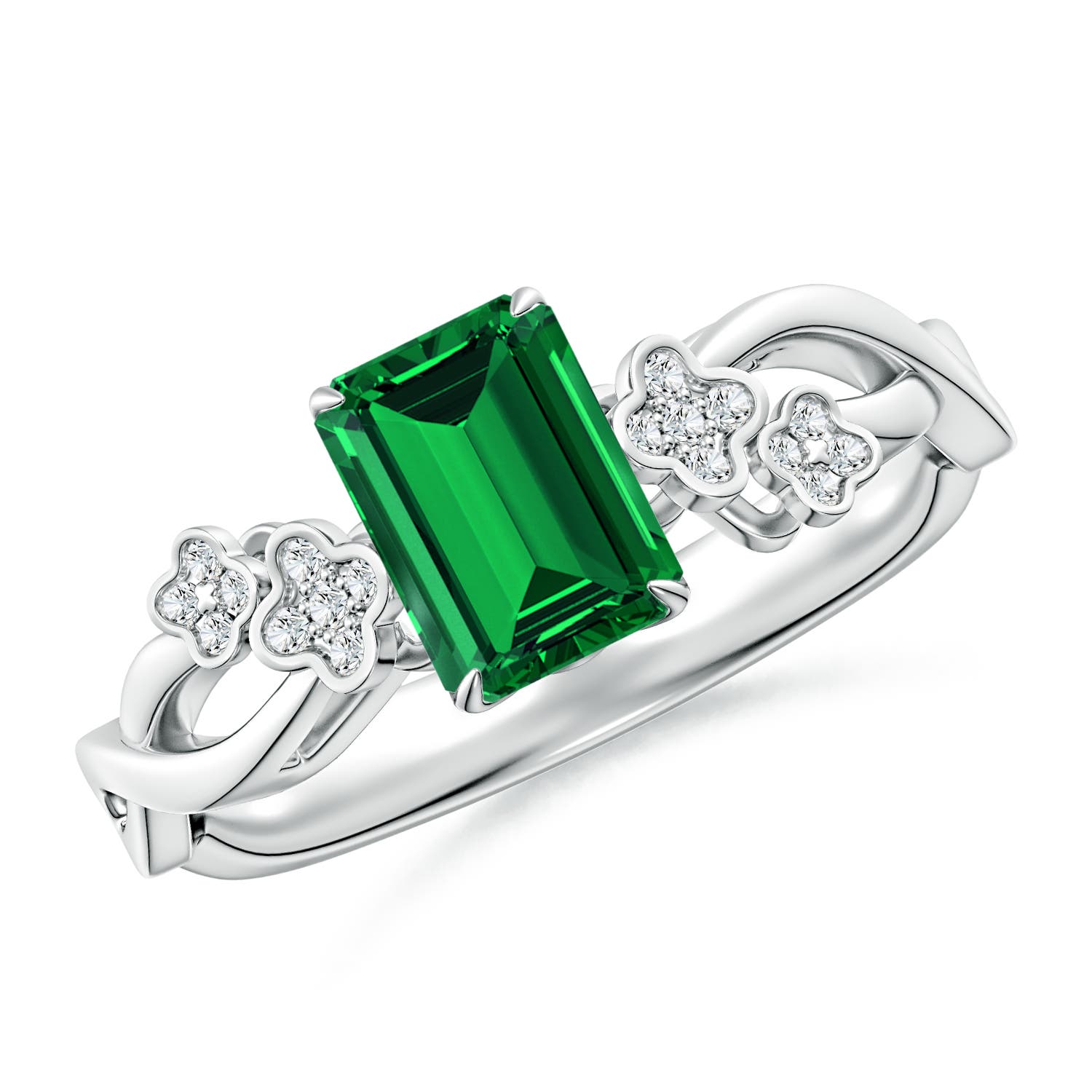 7x5mm Labgrown Lab-Grown Nature-Inspired Emerald-Cut Emerald Floral Engagement Ring in 18CT White Gold