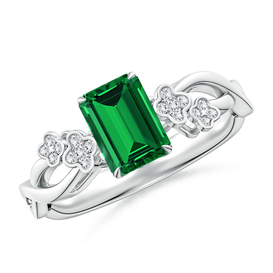 7x5mm Labgrown Lab-Grown Nature-Inspired Emerald-Cut Emerald Floral Engagement Ring in White Gold 